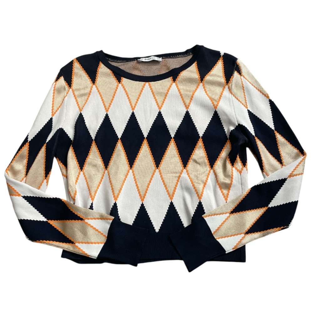 Zara Knit Sweater with Black, White, and Orange Pattern - Picture 2 of 4